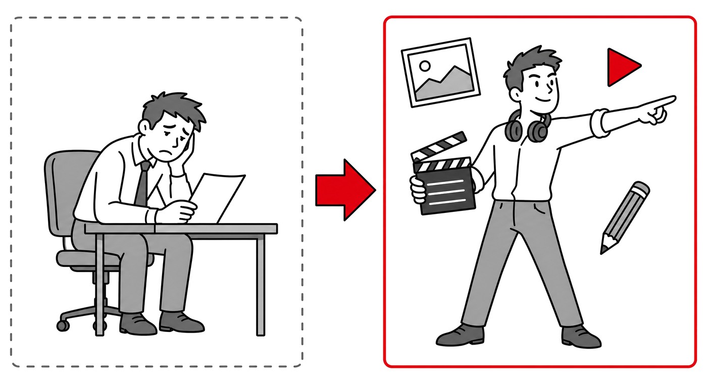 A sinistra il media buyer operaio stanco alla scrivania, a destra il creative strategist che dirige come un regista