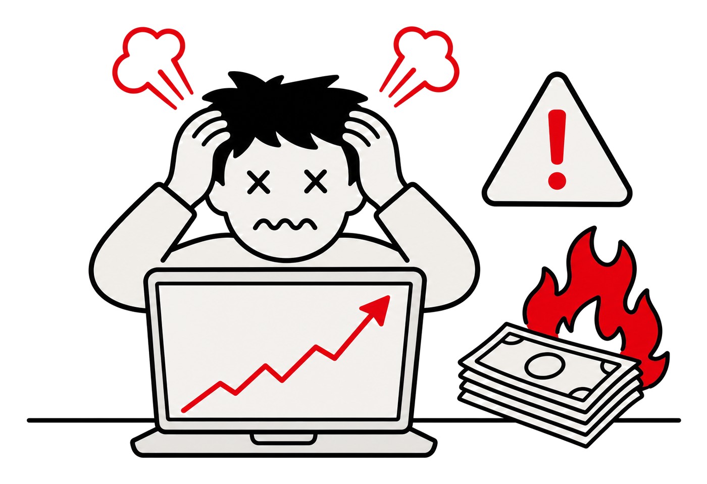 Media buyer sotto stress davanti al portatile con il costo per lead che sale e il budget che brucia