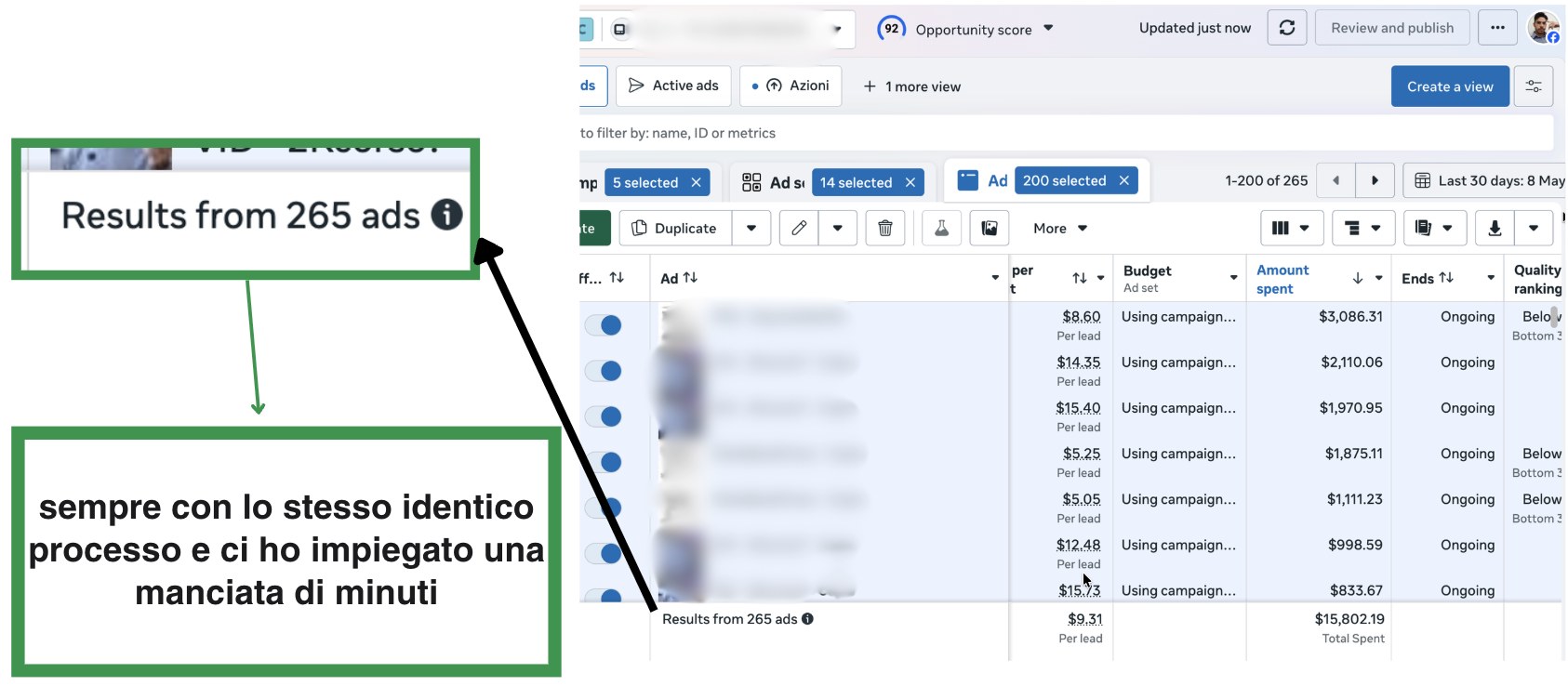 Business Manager: risultati da 265 ads negli ultimi 30 giorni, 15.802 dollari spesi, 9,31 dollari per lead