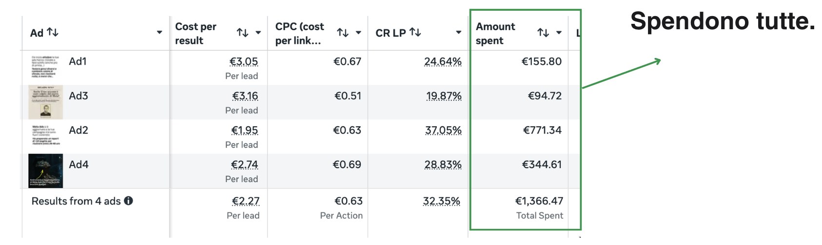 Report campagne: tutte e quattro le ads spendono, CPL tra 1,95 e 3,16 euro a lead