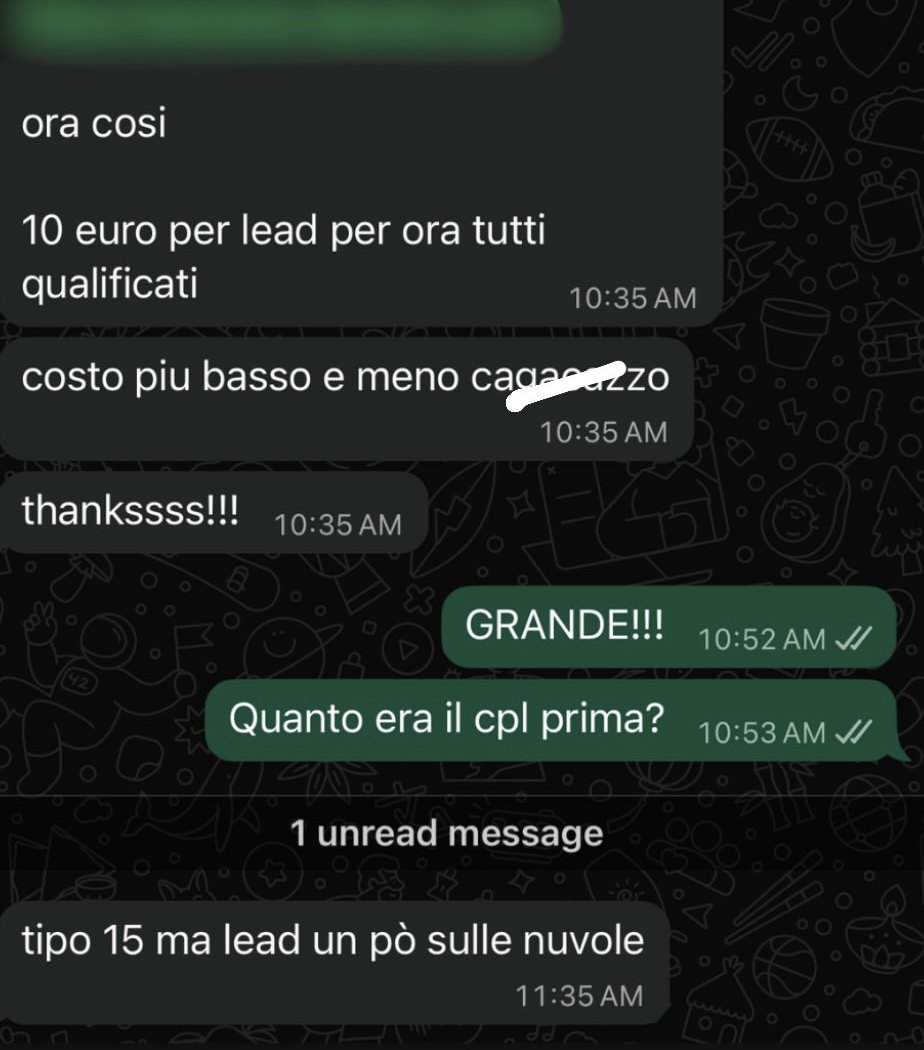 “10 euro per lead, per ora tutti qualificati. Costo più basso.”