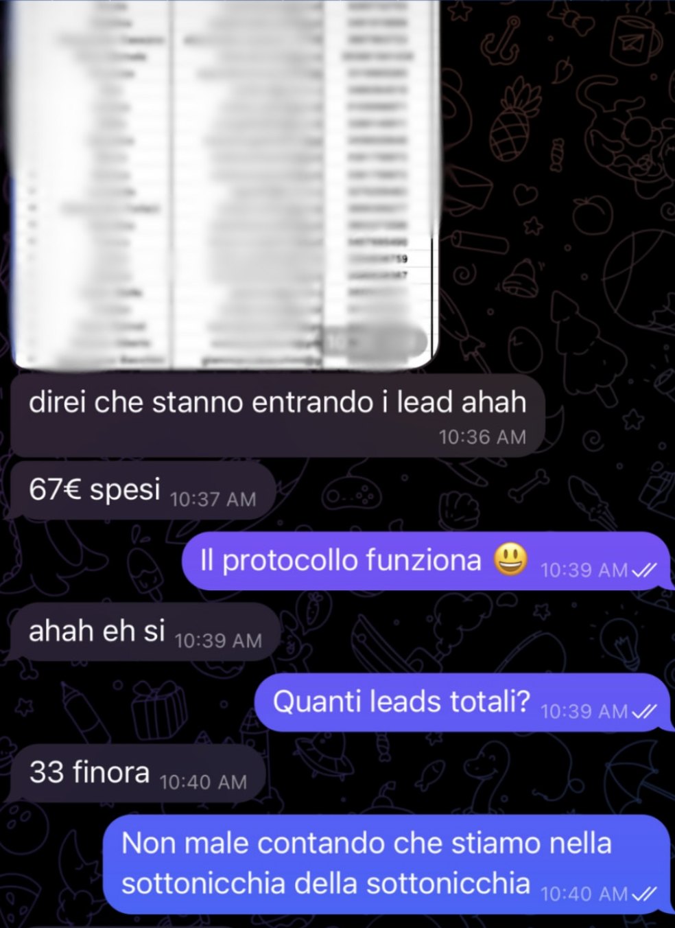 “Direi che stanno entrando i lead.” 33 lead con 67 € spesi, in una sottonicchia.
