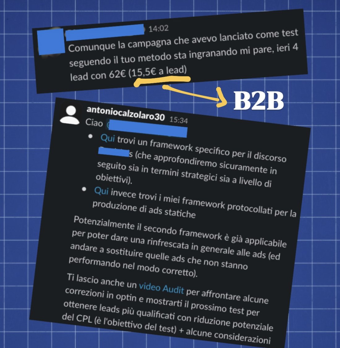 B2B: “la campagna che avevo lanciato come test seguendo il tuo metodo sta ingranando, ieri 4 lead con 62 €.”