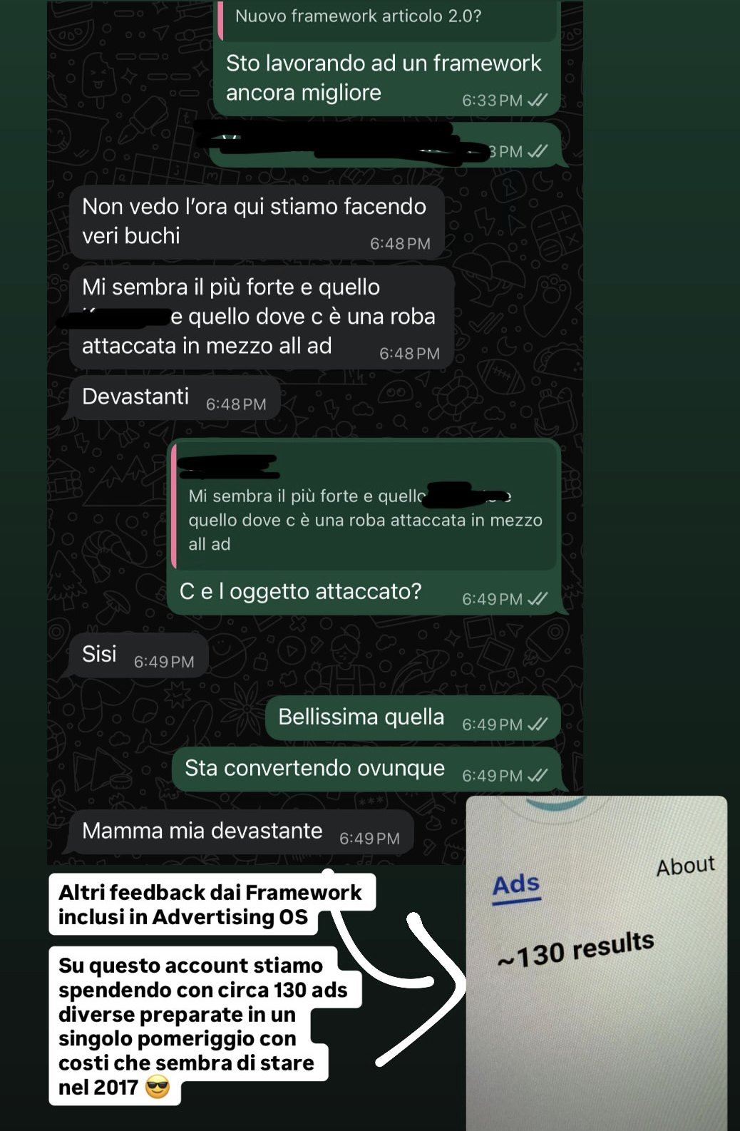“Devastanti.” Circa 130 ads diverse preparate in un solo pomeriggio.