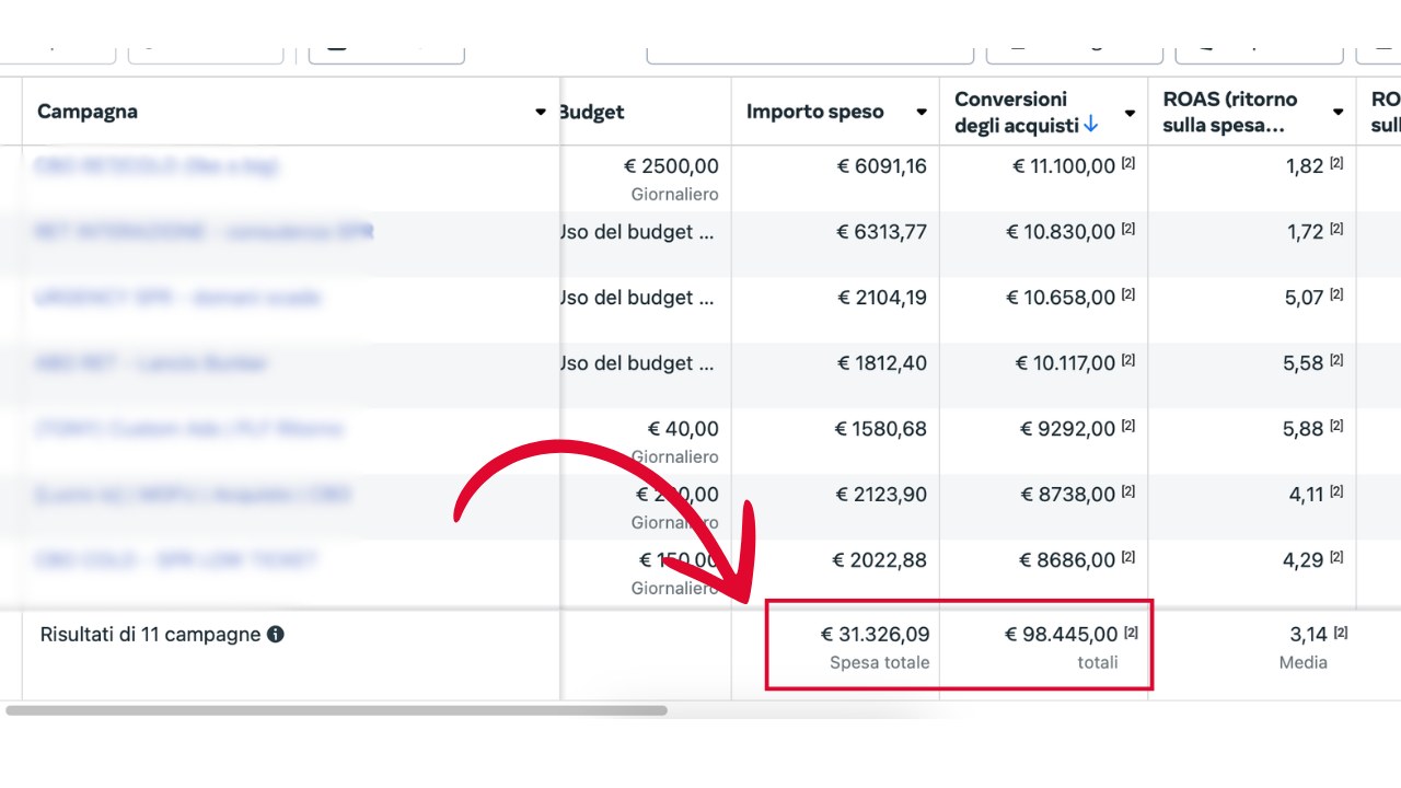 Undici campagne: 31.326,09 euro di spesa, 98.445 euro di conversioni, ROAS medio 3,14