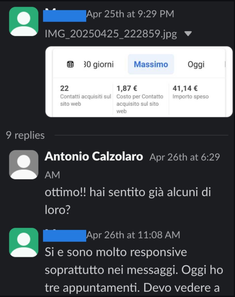 22 contatti a 1,87 € l'uno: “sono molto responsive, oggi ho tre appuntamenti”.